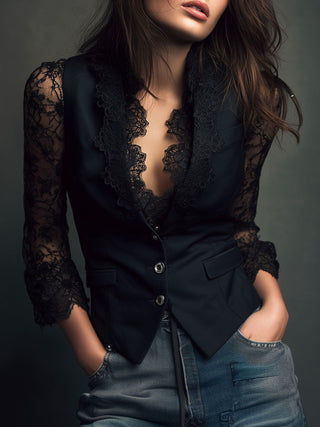 Noémie | Czarny Blazer z Półprzezroczystymi Rękawami