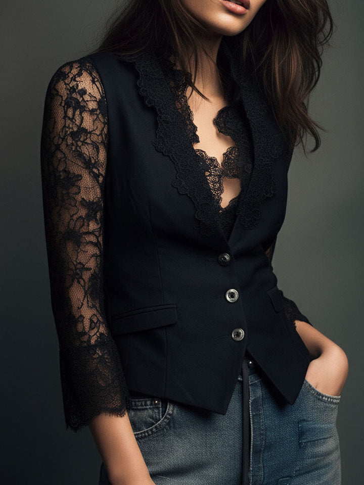 Noémie | Czarny Blazer z Półprzezroczystymi Rękawami