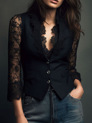 Noémie | Czarny Blazer z Półprzezroczystymi Rękawami
