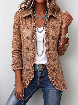 Noemi | Vintage Brązowa Kurtka Boho w Kwiaty z Falbanami