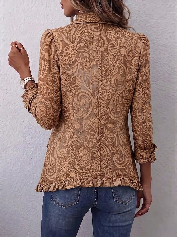 Noemi | Vintage Brązowa Kurtka Boho w Kwiaty z Falbanami