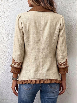 Ottavia | Vintage Camel i Brązowa Kwiatowa Kurtka Bohémien z Falbankami