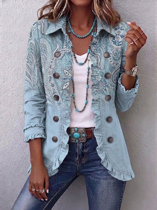 Emilia | Vintage Paisley Niebieska Kurtka z Falbanami